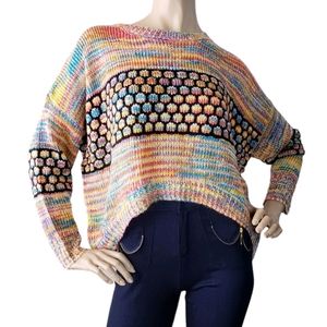 Multicolored Rainbow Honeycomb Contrast High Low Sweater by VO Jeans